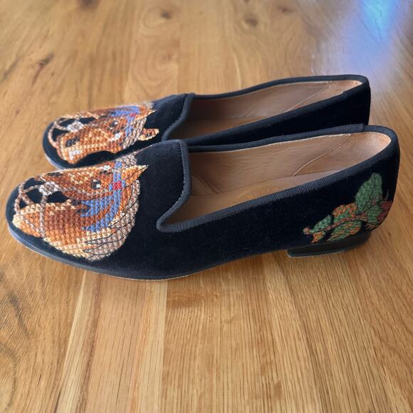 Stubbs & Wootton Black Velvet Needlepoint Horse Equestrian Loafer Flats Sz 8 - Picture 4 of 12
